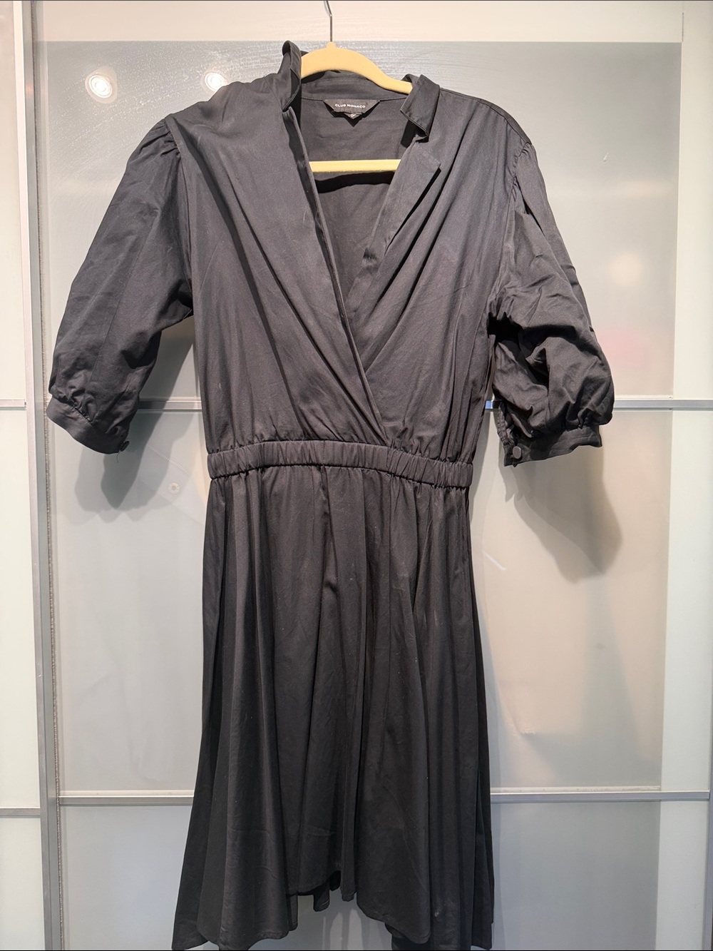 Club Monaco Black Wrap Midi Dress with Puff Sleeves and stretchy waist size 0